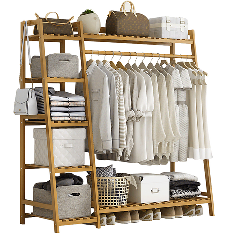 Portable Clothes Rack Coat Garment Stand Bamboo Rail Hanger Airer Closet