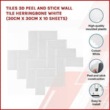 Tiles 3D Peel and Stick Wall Tile Herringbone White (30cm x 30cm x 10 sheets)