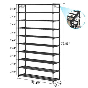 10 Tier Black Shoe Rack Metal Shoe Storage Organizer Rack 50-Pair Large Capacity