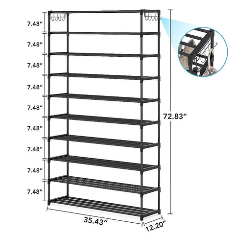 10 Tier Black Shoe Rack Metal Shoe Storage Organizer Rack 50-Pair Large Capacity