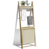 Wall Leaning Ladder Shelf with Laundry Basket Clothes Hamper Bath Towel Rack