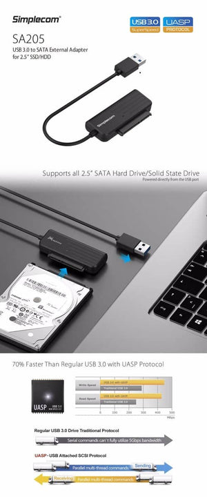 Simplecom SA205 Compact USB 3.0 to SATA Adapter Cable Converter for 2.5