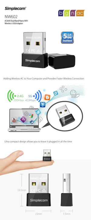 Simplecom NW602 AC600 Dual Band Nano USB WiFi Wireless Adapter